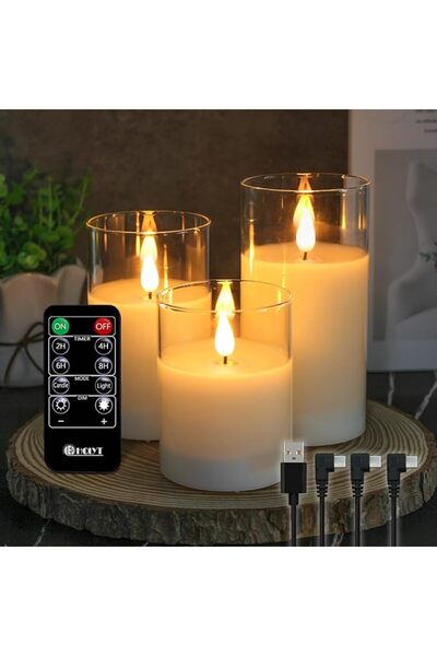 LEDHOLYT Rechargeable Flameless Glass Pillar Candles–Gifts for Women–Set of 3...