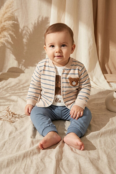 Babydonat طقم مكون من 3 قطع مطرزة بتصميم دب أزرق مخطط للأطفال الأولاد - سترة ...