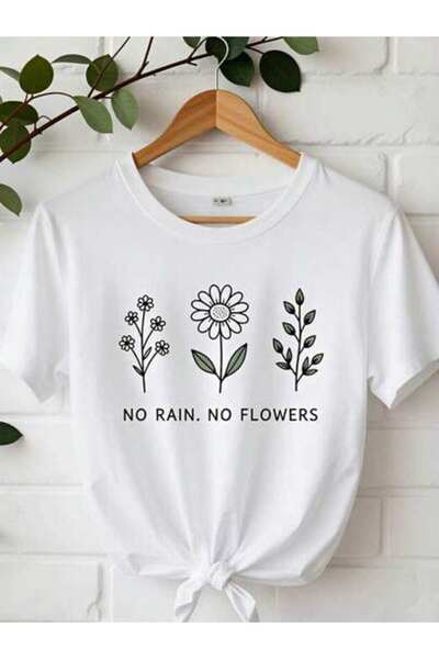 23ERVA Floral Design, Women's Rain No Flowers Print, Pure Cotton T-Shirt, Spr...