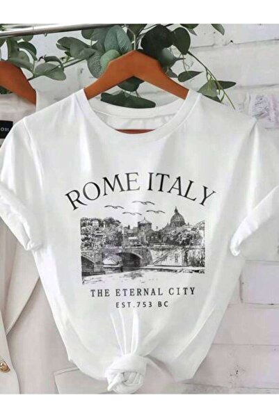 23ERVA 1pc Women's Clothing Rome Print TShirt, Shirts, White Top, Graphic Tee...