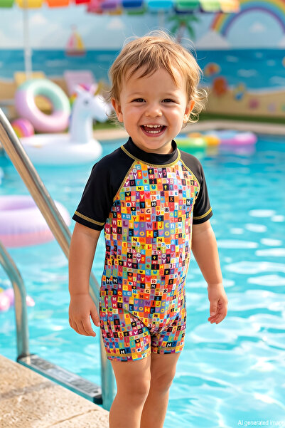 Haliç Mayo Short Sleeve Children's Baby Swimmer Jumpsuit Swimsuit 4400 Black