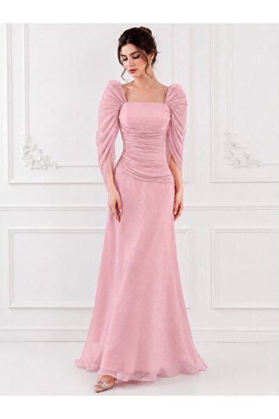 leen fashion *Shiny Crinkle Evening Dress with Winged Sleeves and Flowing Sil...
