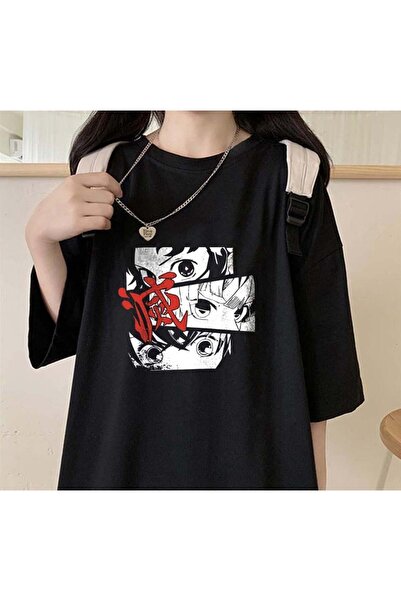 DEEFWEAR Mi̇ngalondon Demon Slayer Eyes Printed Black Unisex Oversize T-Shirt