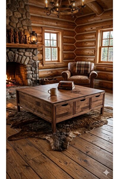 MSAĞWOODS Winchester masif doğal ahşap çekmeceli orta sehpa 110x110 cm