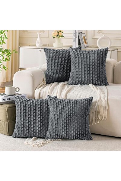 Cozoomy Set of 4 Grey Decorative Throw Pillow Covers 18x18 Inch Corduroy Pill...