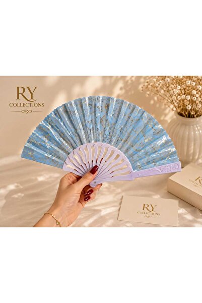 rycollections Turquoise Fabric Covered Accordion Foldable Hand Fan Embellishe...
