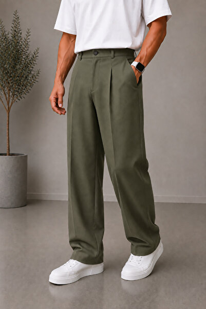 Montivo Men's Khaki Baggy Fabric Trousers Loose Fit Straight Leg