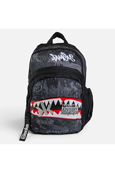 DECKS Black Grey Red Shark Tooth Pattern Backpack - 33 x 18 x 48 cm