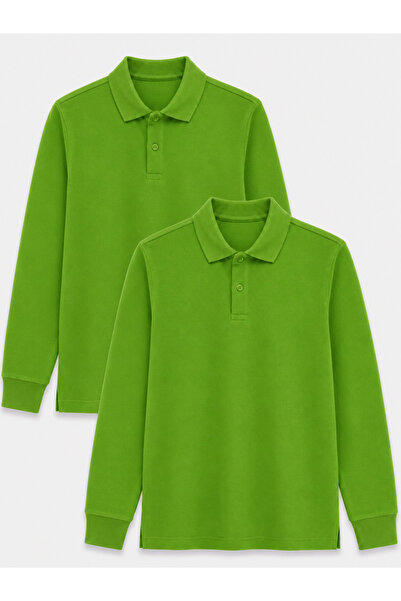 ROZELT 2-Pack Cotton Long Sleeve Polo School T-Shirt - Green