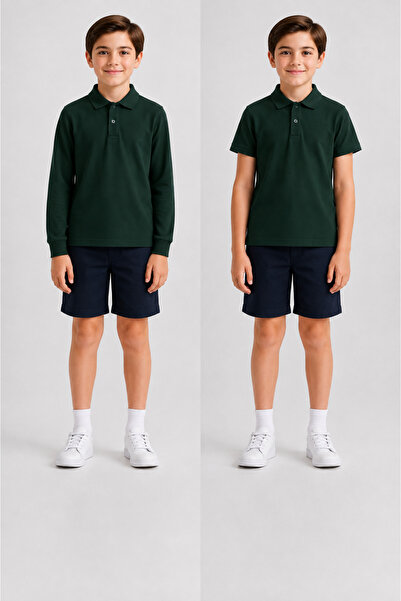 ROZELT 100% Cotton Dark Green Long Sleeve & Short Sleeve 2 Piece Polo Collar ...