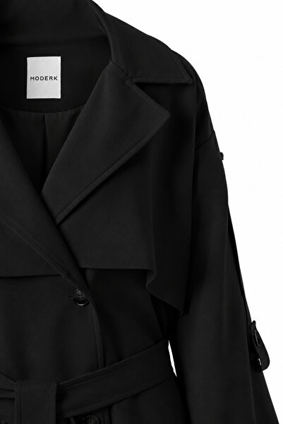Moderk Uzun Rüzgarlıklı Oversize Kuşaklı Apoletli Kadın Trençkot Maxi Boy