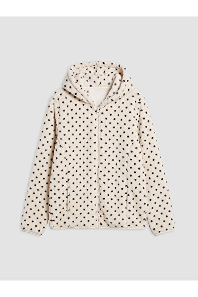 LC Waikiki Ecru Polka Dot Girls' Plush Zippered Sweatshirt