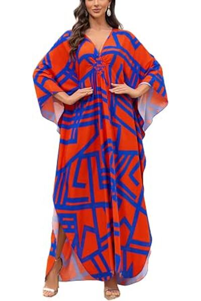 YouKD Summer Long Kaftan Dress Bohemian Roomy Beach Robe Cover Up Plus Size D...