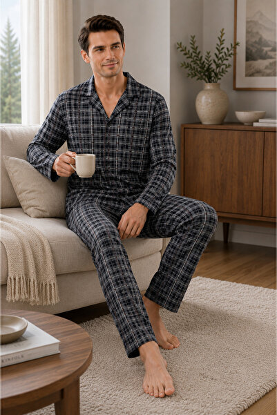 Free Beka Plaid Pattern Long Sleeve Shirt Collar Buttoned Men's Pajama Set