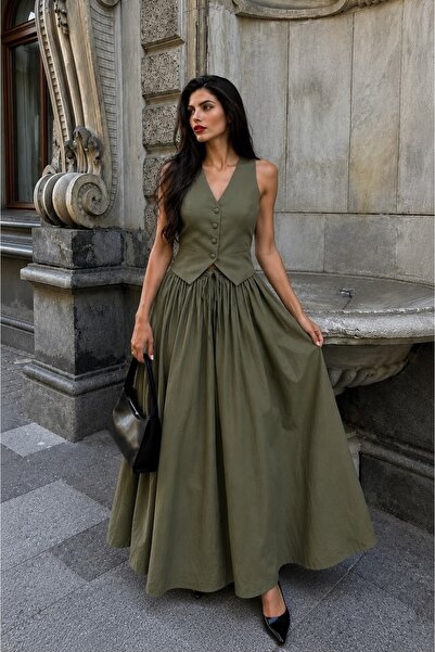 Mivelya Women's Double Vest - Skirt Set with Pocket Detail and Flared Skirt