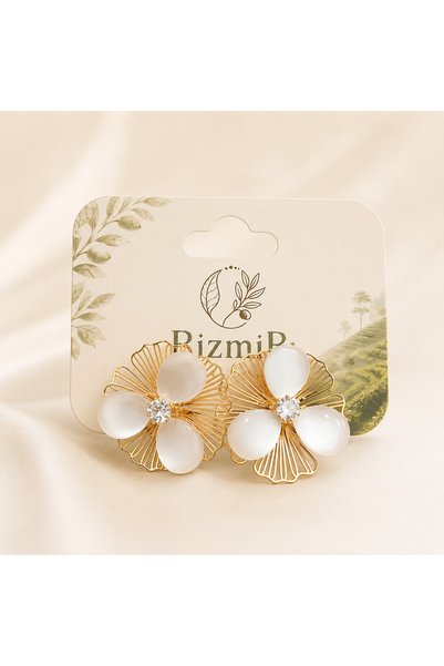 rizmir Gold White Flower Design Women's Earrings with Stone Detail