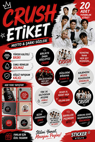 Crush Etiket Seti – 20 Adet Yuvarlak Motto Crush Sticker – Genç Tarz Dekoratif Etiket