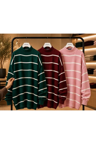 DepoExport Women's 3-Piece Striped Knitwear Sweater Oversize Loose Design