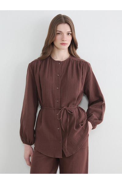 LC Waikiki Lcw Modest Brown Women's Shirt Tunic with a Defined Collar and Bel...