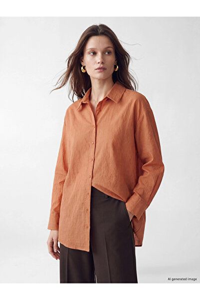 LC Waikiki Lcw Modest Orange Striped Oversize Women's Shirt Tunic