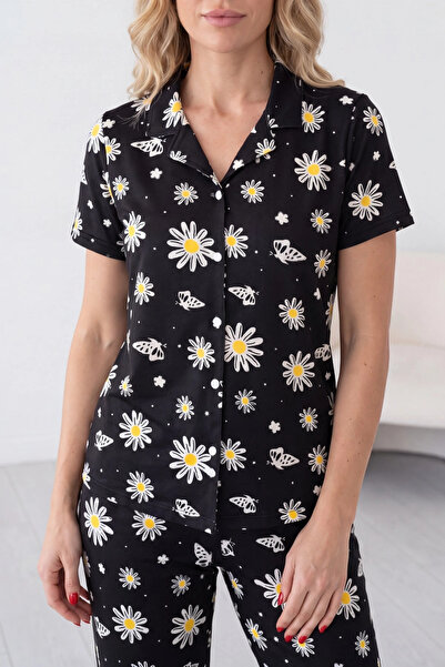 Generic Brand Black Daisy and Butterfly Patterned Short Sleeve Shirt Collar M...