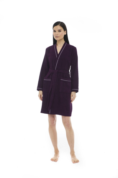 Seritaine Athena Kimono Women's Mini Bathrobe Plum - Ribbed 100% Cotton