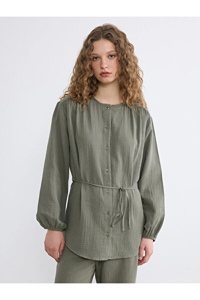 LC Waikiki Lcw Modest Khaki Hakim Collar Belted Women's Shirt Tunic
