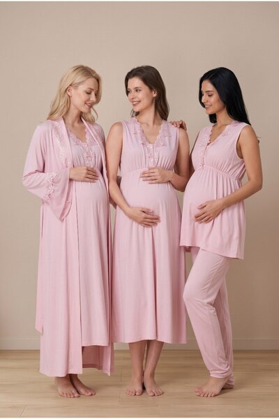 LOHOUSE Women's Powder Lace Breastfeeding Detailed Flounce Sleeve Pajamas Nig...