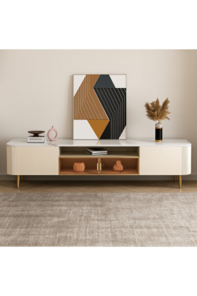 Baytonia Tv Table Ronar Wooden Structure and Steel Legs and White Marble Top-...
