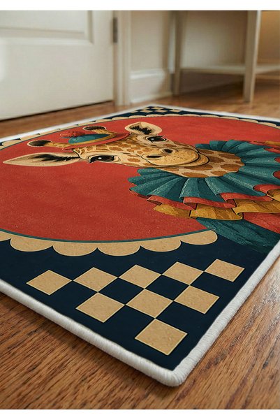 Artvibe Zürafa Desenli Renkli Vintage Sirk Temalı Kaymaz Taban Dekoratif Kapı Önü Paspası