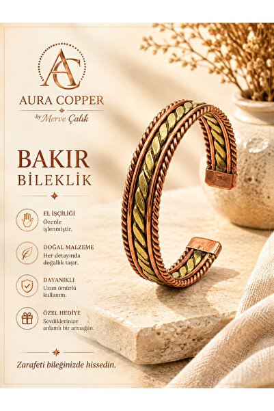 AURA COPPER Bakır Bileklik El Yapımı Örgü Desenli Ayarlanabilir Unisex Kelepç...