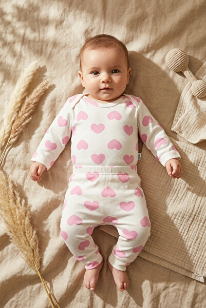 Süper Mini Baby Luvie 100% Cotton Pink Heart Patterned 2-Piece Baby Set - Sof...