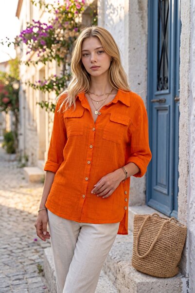 RMY MODA Orange Washed Linen Double Pocket Casual Shirt with Side Buttons