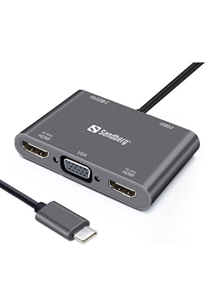 Sandberg Σταθμός σύνδεσης USB-C με HDMI 4K, PD και υποδοχή για 2 οθόνες, Μαύρ...