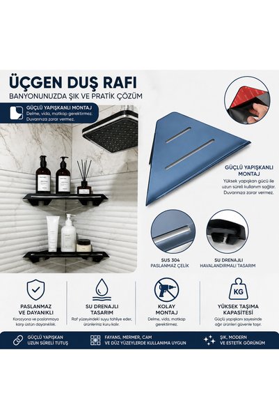 Lilasso Home Üçgen Duş Köşe Rafı - Yapışkanlı