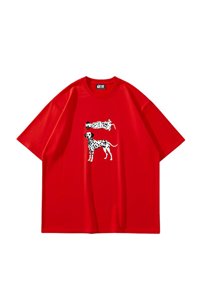 Sekizbiraltı Dalmatian Graphic Printed Oversize Unisex Red Tshirt