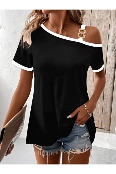 VELİZADE Women's Short Sleeve One-Shoulder Strap Chain Accessory Detailed Boa...