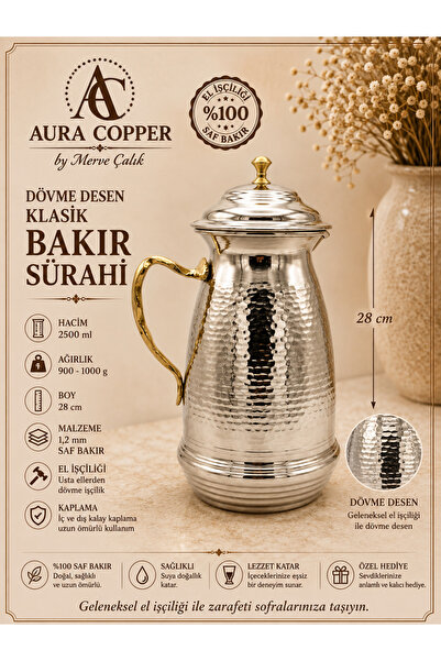 AURA COPPER Gaziantep Geleneksel Klasik Kapaklı Dövme Bakır Sürahi 2,5 L – 1,...