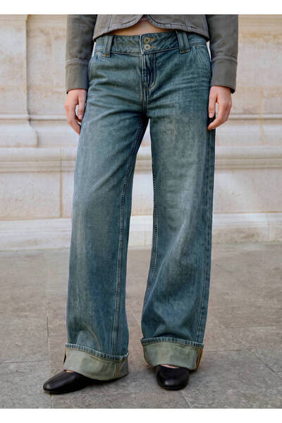 Mango Teen Wide-leg kıvrık paçalı jean pantolon