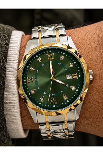Weluxa Men's Wristwatch Silver-Gold Color Green Dial Luxury Design Steel Band...