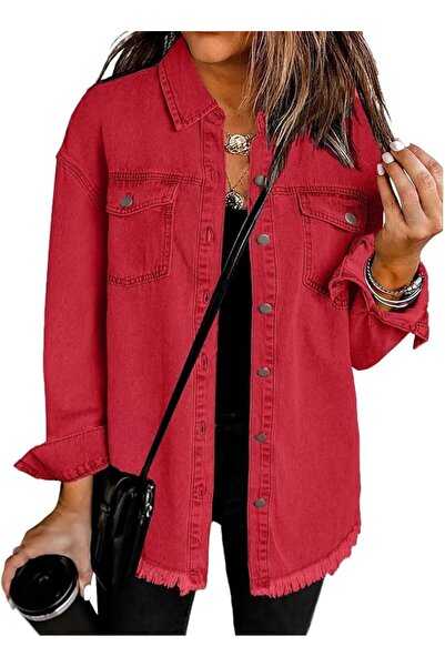 GENERAL Denim Jacket for Women Oversized Boyfriend Jean Jacket Button Up Fray...