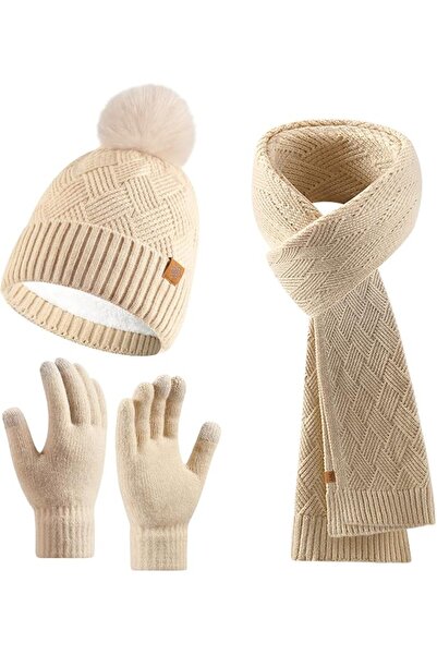 ANYUAN Winter Knit Hat Scarf Gloves Set for Women, Double-Layer Warm Beanie S...