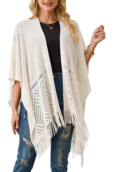 KASTWAVE Women's Crochet Shawl, Lightweight Knit Poncho Wrap with Fringe, Ope...