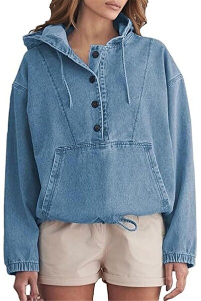 Generic Jean Jacket for Women Trendy Womens Denim Hoodie Pullover Half Button...