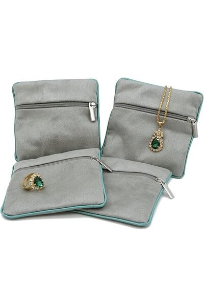 GENERAL 4 Piece Gray Faux Leather Trim Jewelry Pouch Zippered Velvet Storage ...