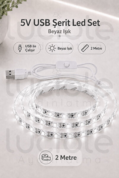 luciole 5V USB Şerit LED 2 Metre Beyaz Işık Anahtarlı Powerbank Uyumlu Dolap ...