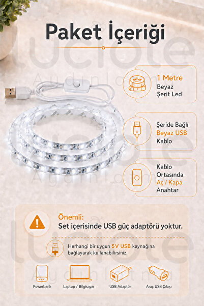 luciole 5V USB Şerit LED 1 Metre Beyaz Işık Anahtarlı Powerbank Uyumlu Tezgah Altı Dekoratif Led