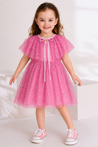 GÜLERBEBECİX Girl's Polka Dot Tulle Dress with Cape Detail, Stylish Evening D...