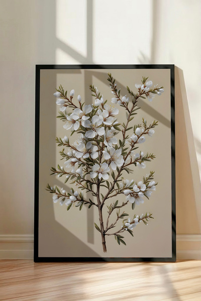 Beyaz Çiçekli Dal ve Minimalist Botanik Dekoratif Duvar Tablosu Siyah Çerçeveli Poster Tablo Ev Ofis Duvar Dekoru