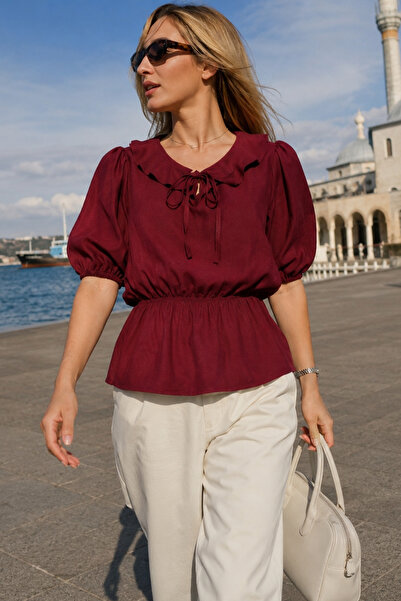 armonika Women's Burgundy Baby Collar Blouse with Elastic Waist and Sleeves A...